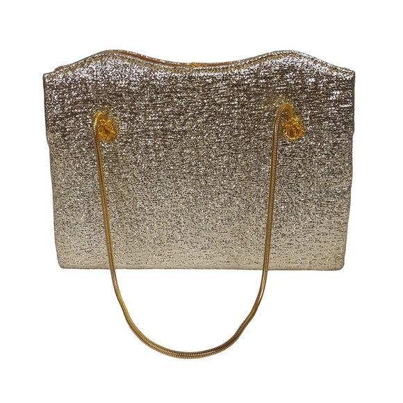 Vintage Gold Metallic Lamé Evening Handbag with Metal Rosette Clasp - Picture 2 of 11
